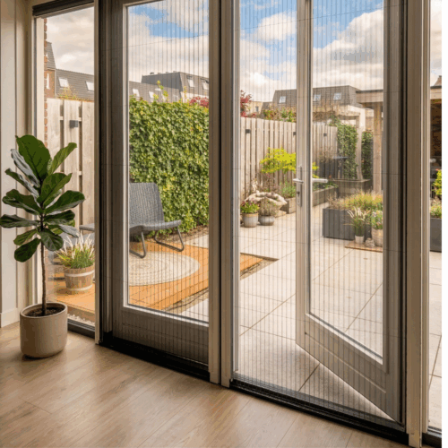 Dubbele plissé hordeur voor openslaande tuindeuren met zwart gaas en aluminium frame